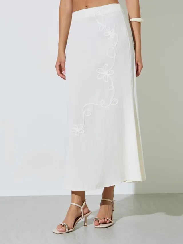 Embroidered Flared Maxi Skirt, Off White – image 2
