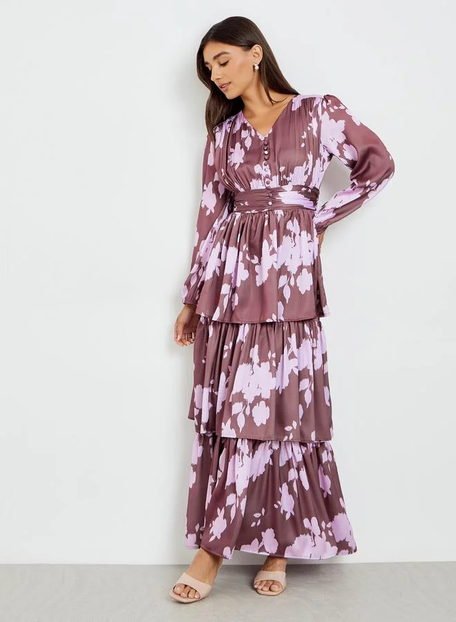 فستان ميدي بأكمام منفوخة وطبعة زهور للنساء