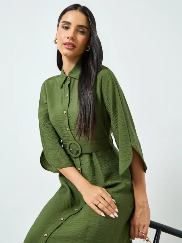 Off-White Textured Maxi Dress with Belt, 3/4 Sleeves, Collar, Regular Fit – image 2