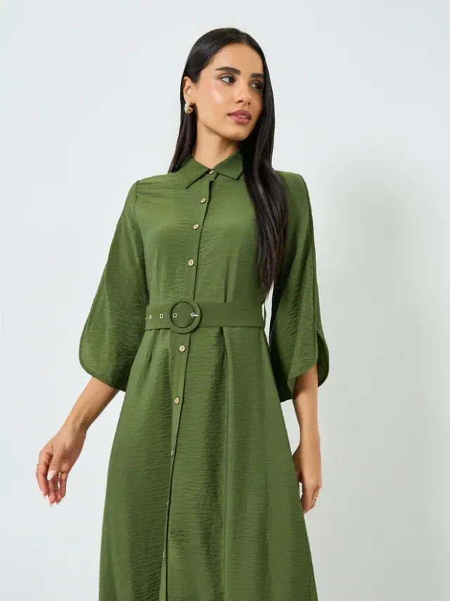 Off-White Textured Maxi Dress with Belt, 3/4 Sleeves, Collar, Regular Fit – image 3