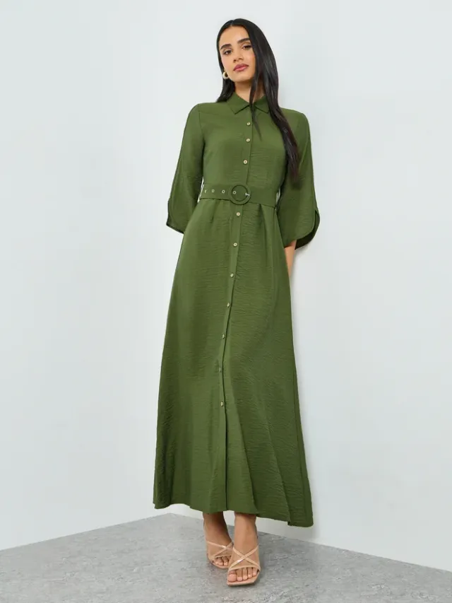 Off-White Textured Maxi Dress with Belt, 3/4 Sleeves, Collar, Regular Fit – image 4