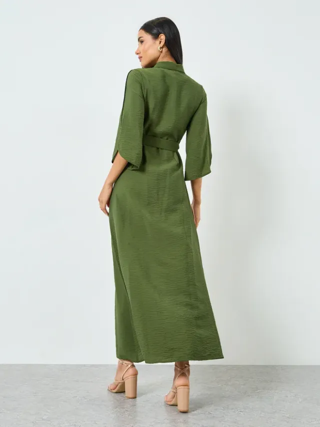 Off-White Textured Maxi Dress with Belt, 3/4 Sleeves, Collar, Regular Fit – image 6