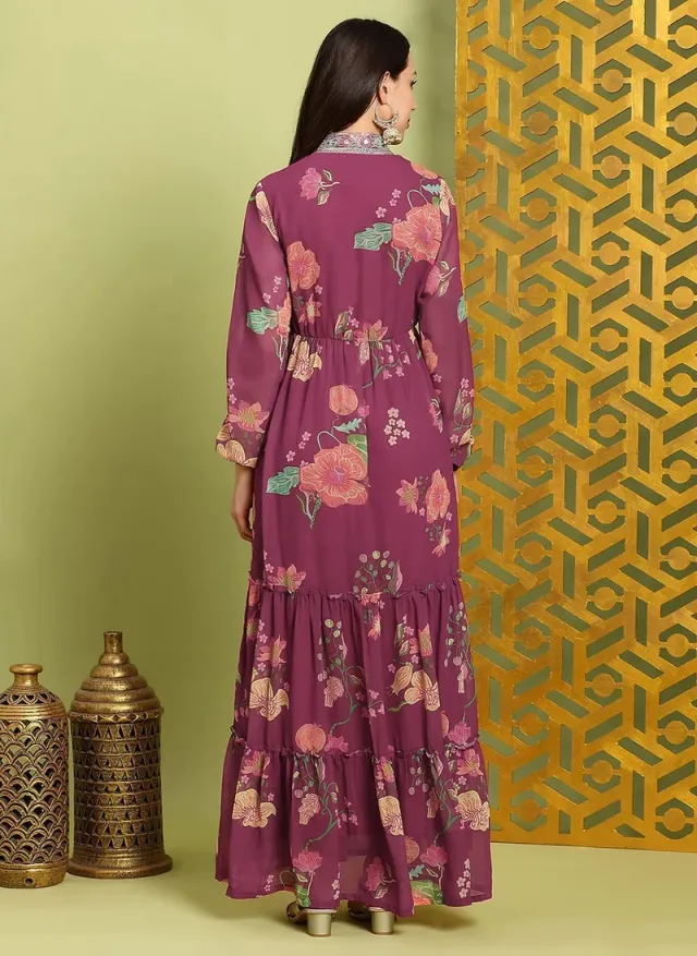 Vibrant Orange Maxi Dress with V Neck, Floral Print, and Mirror Work – image 4
