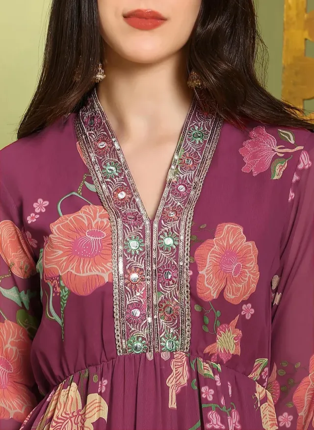 Vibrant Orange Maxi Dress with V Neck, Floral Print, and Mirror Work – image 5