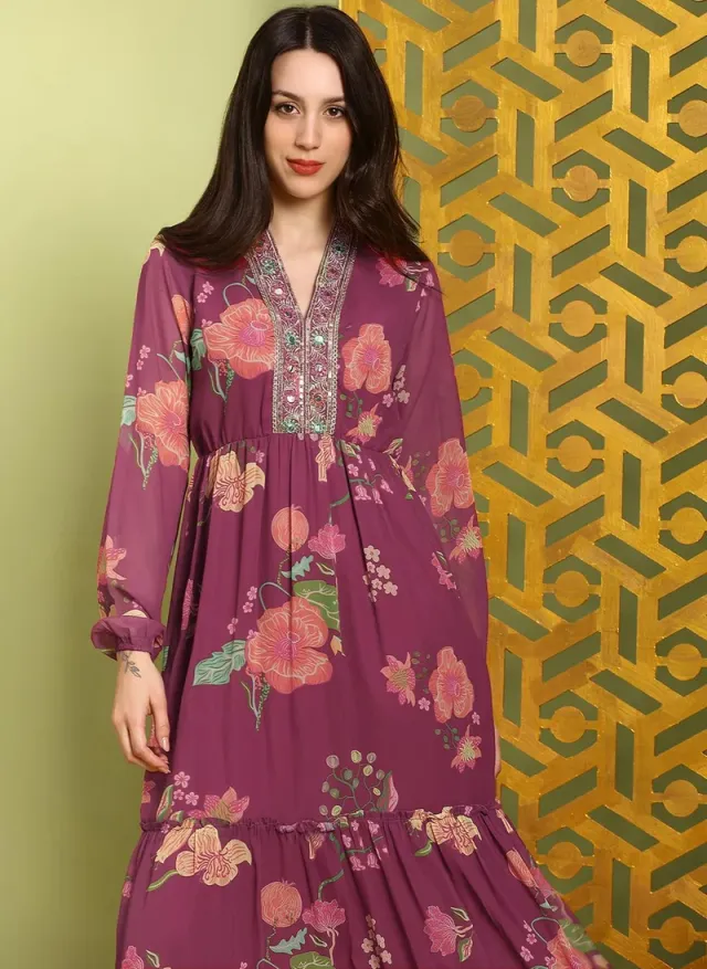 Vibrant Orange Maxi Dress with V Neck, Floral Print, and Mirror Work – image 6