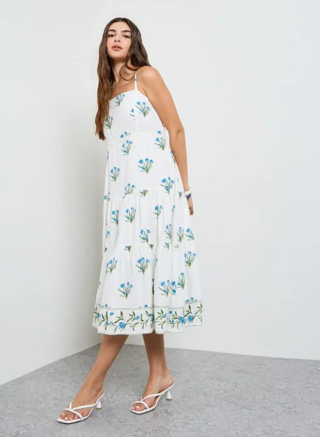 Floral Strappy Tiered Midi Dress Yellow – image 4