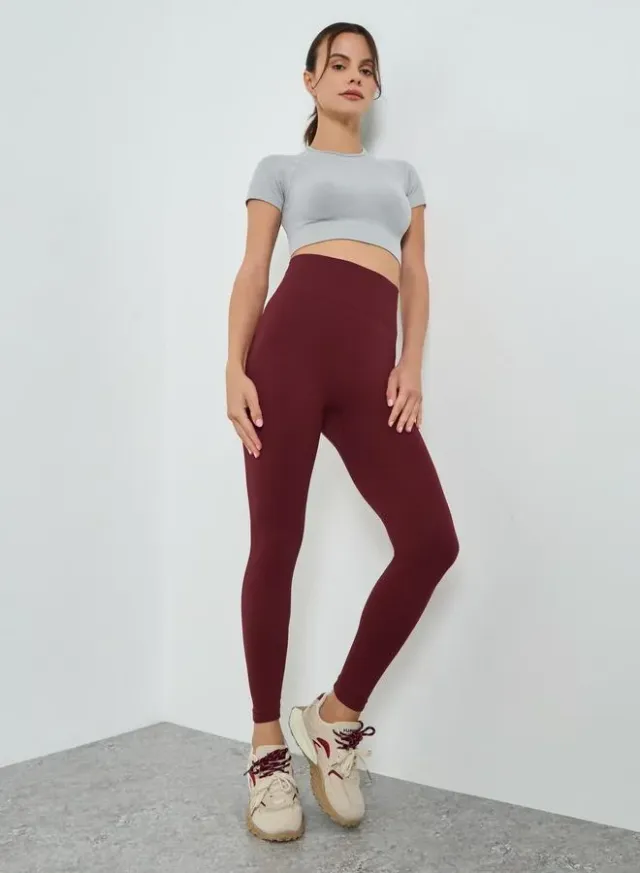 Textured Rib Broad Waistband Leggings Brown – image 2