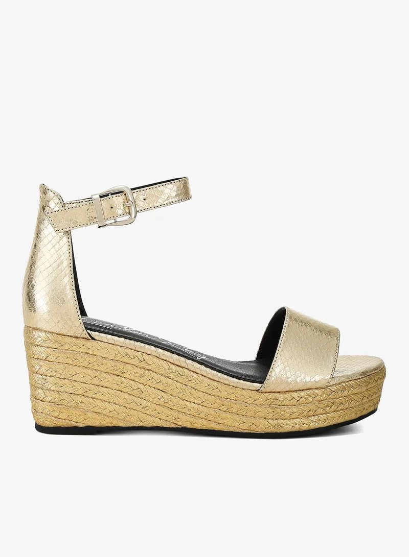 Faux Leather Snake Wedge Espadrilles Gold