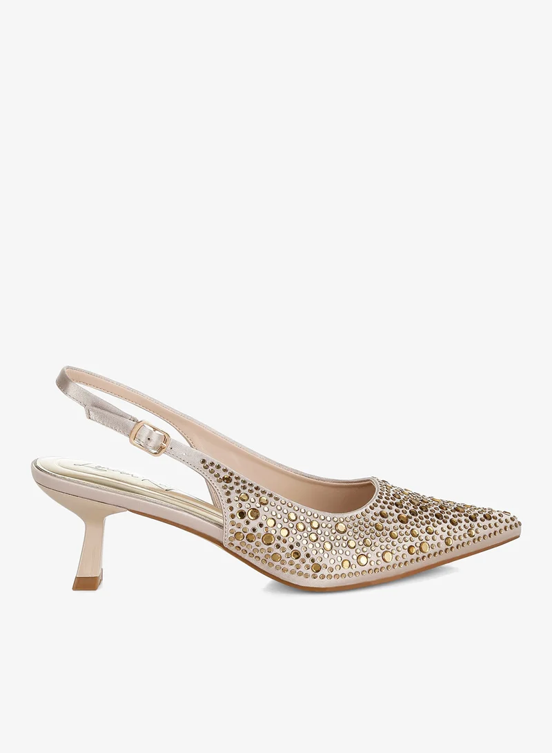 Pointed Toe Rhinestone Slingbacks Beige