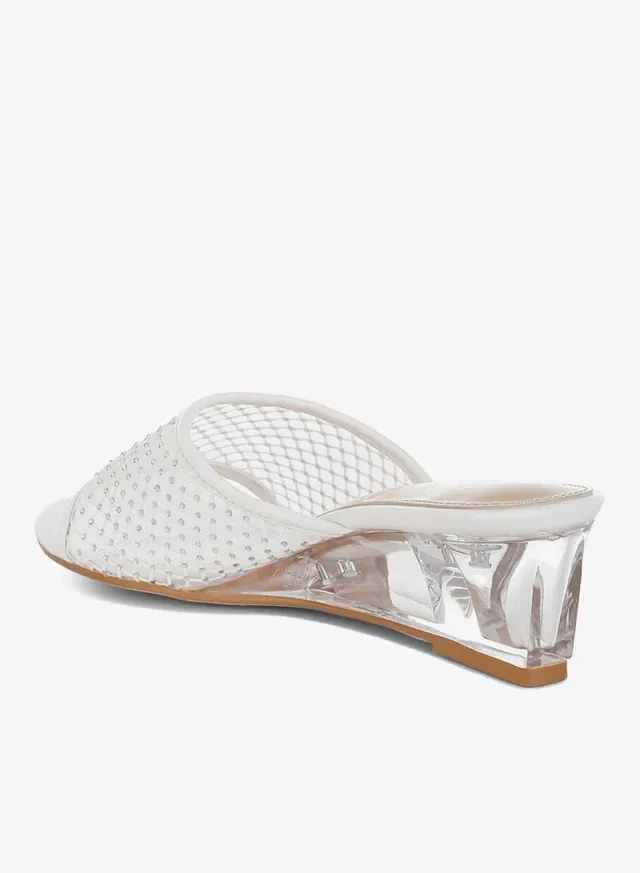 Mesh Clear Heel Wedge Sandals White – image 3