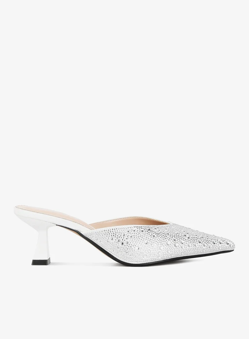 Rhinestones Embellished Satin Mules Beige Gold