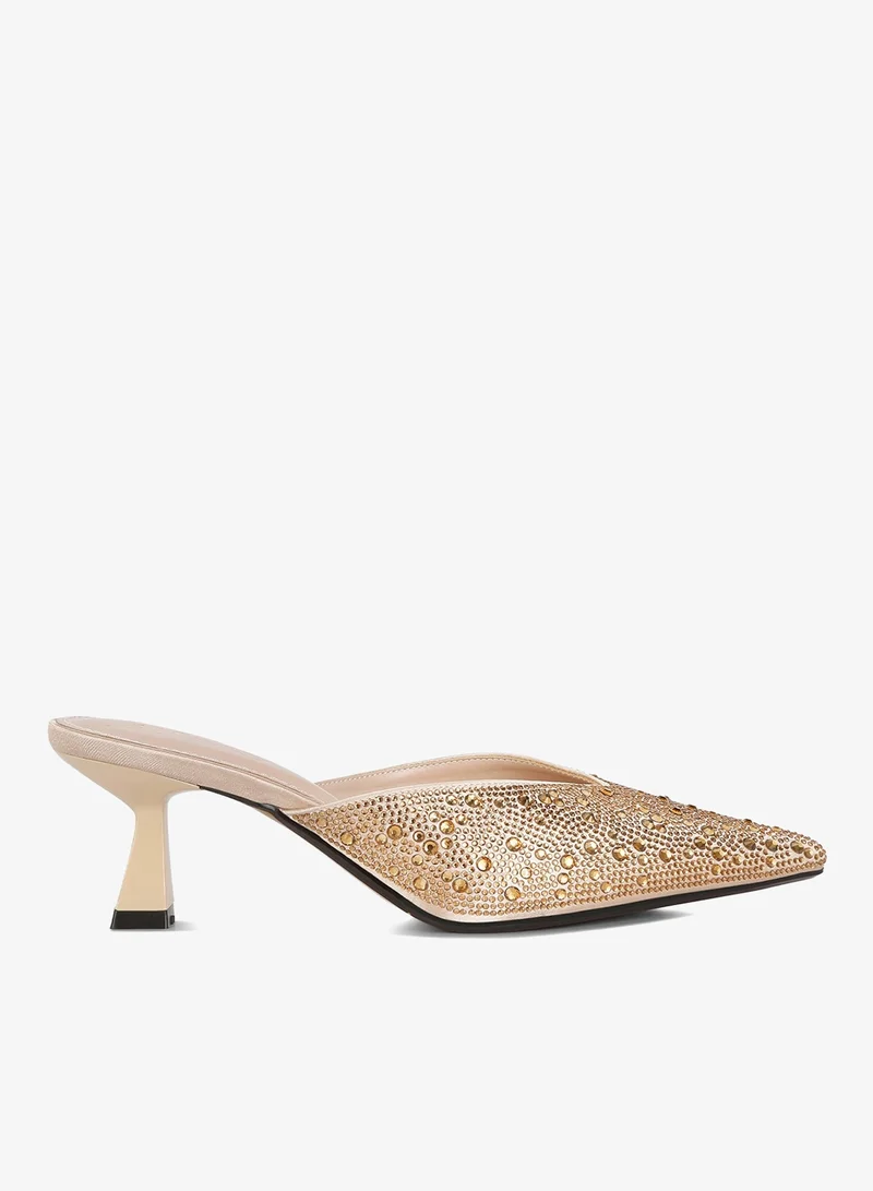 Rhinestones Embellished Satin Mules Beige Gold