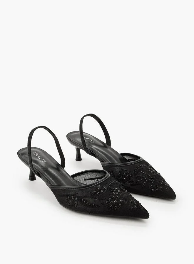 Women's Embellished Pointed Toe Kitten Heel Pumps