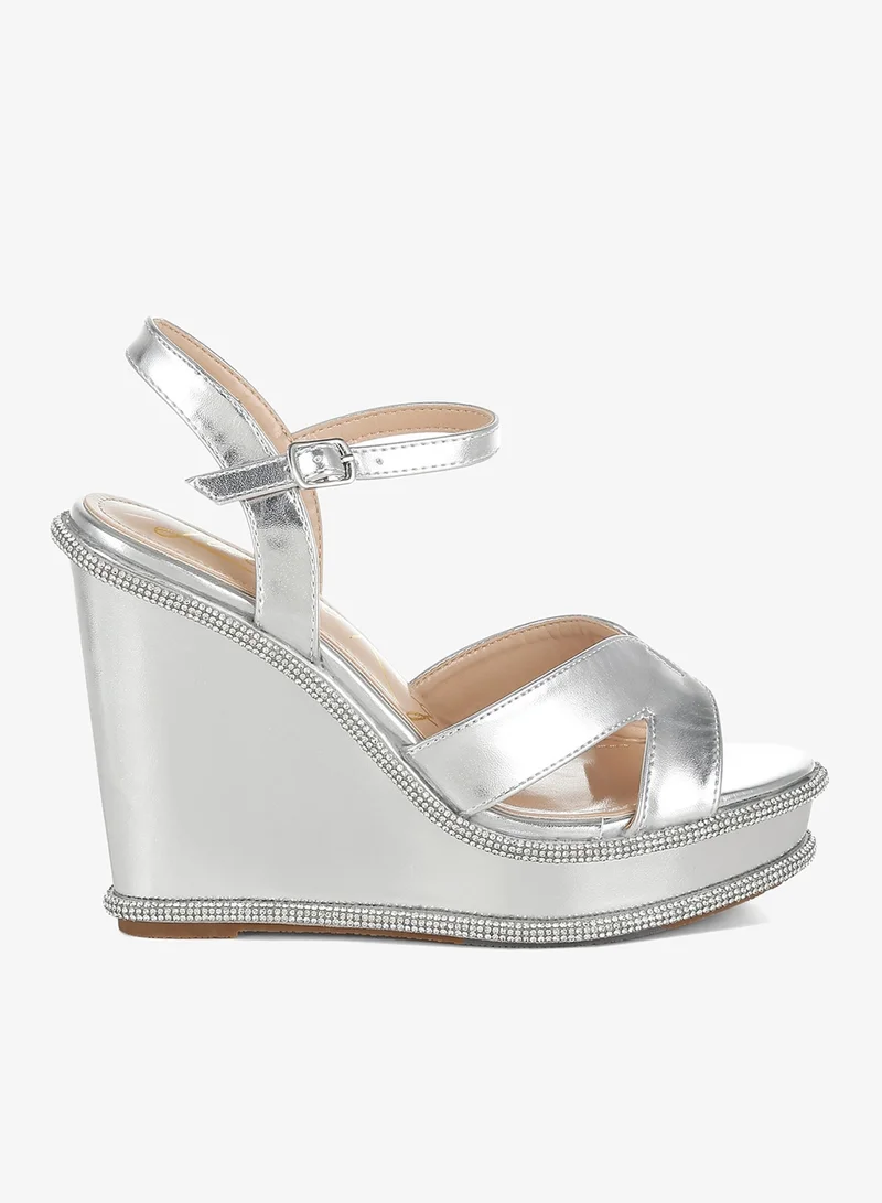 Rhinestone Wedge Sandals Beige