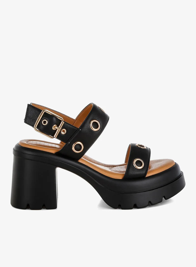 Eyelet Detail Platform Heel Sandals Black