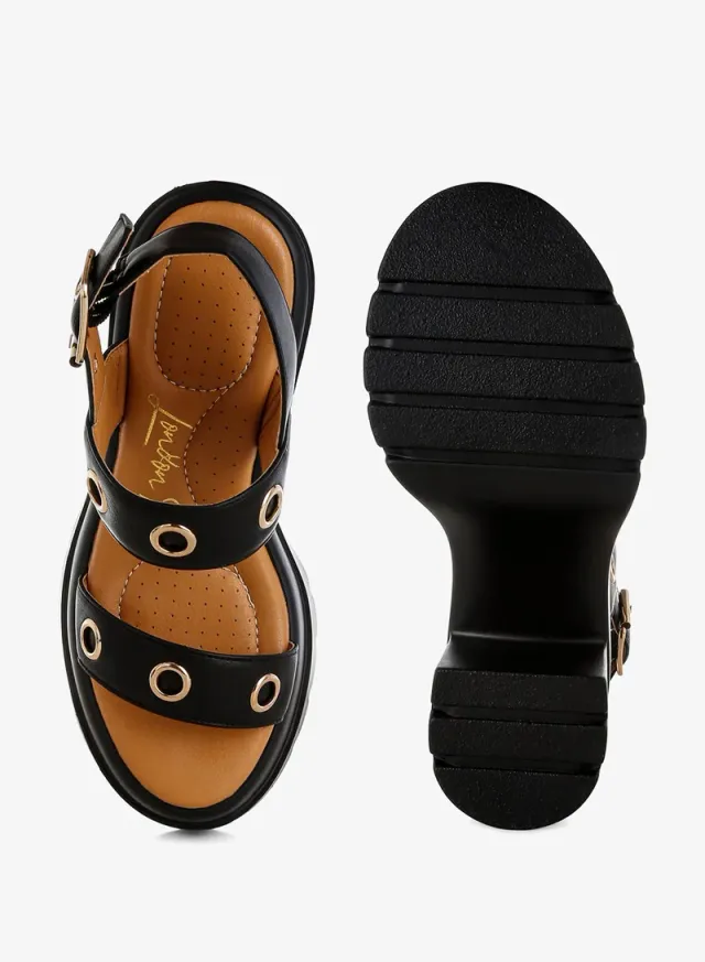 Eyelet Detail Platform Heel Sandals Black – image 4