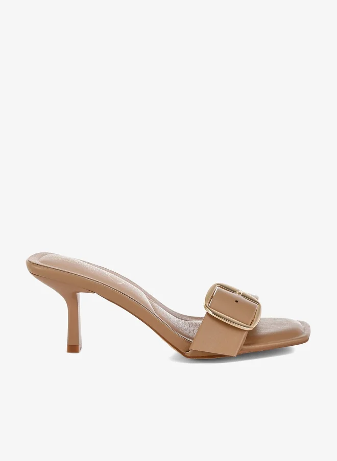 Buckle Strap Slip-On Sandals, Tan
