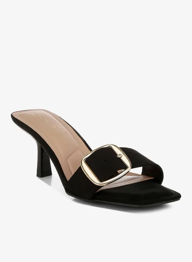 Tan Mid Heel Sandals with Pin Buckle Strap and Cushioned Insole – image 2