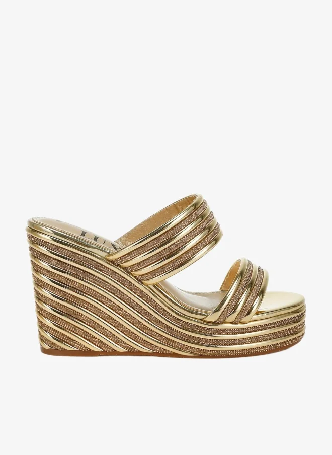 Metallic Faux Leather Wedge Sandals, Silver