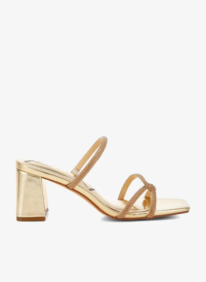 Rhinestone Strap Block Heel Sandals Gold