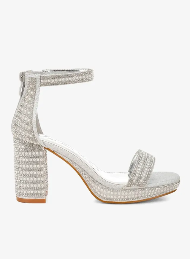 Rhinestones Pearl Embellished Sandals Blue