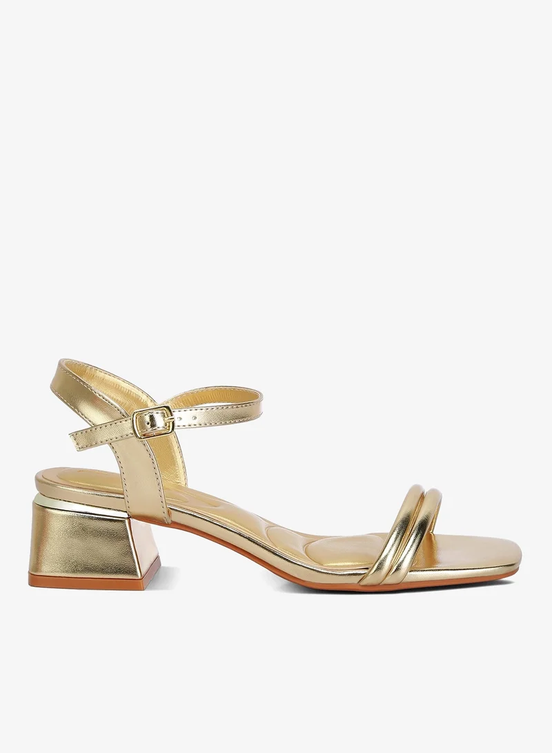 Metallic Ankle Strap Low Block Heels Silver