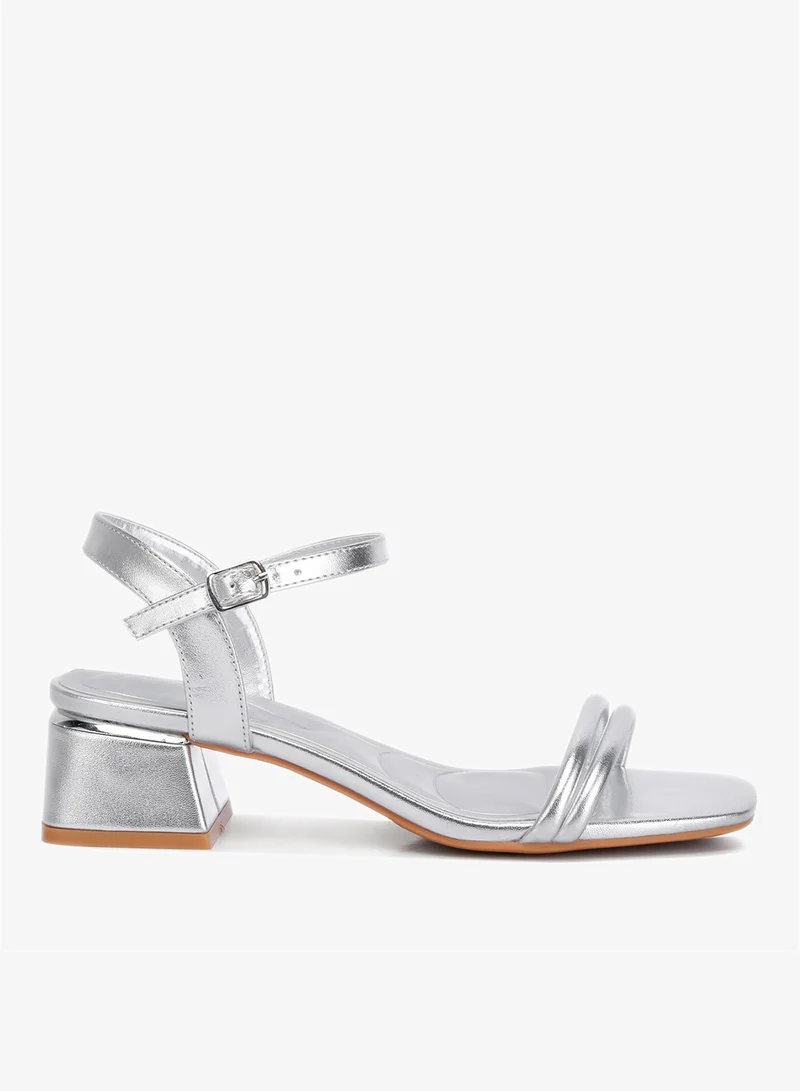 Metallic Ankle Strap Low Block Heels Silver