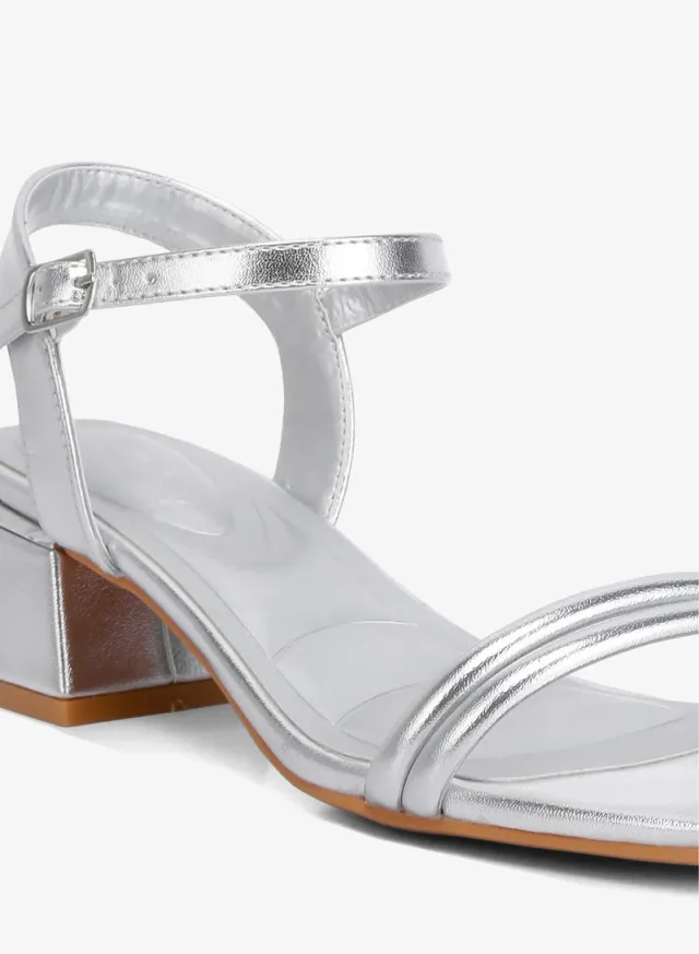 Metallic Ankle Strap Low Block Heels Silver – image 5
