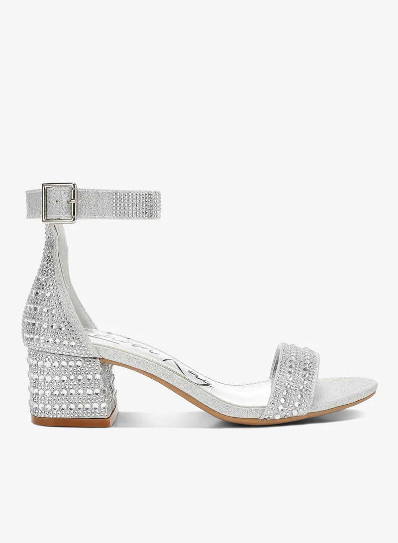 Rhinestone Embellished Block Sandals, White