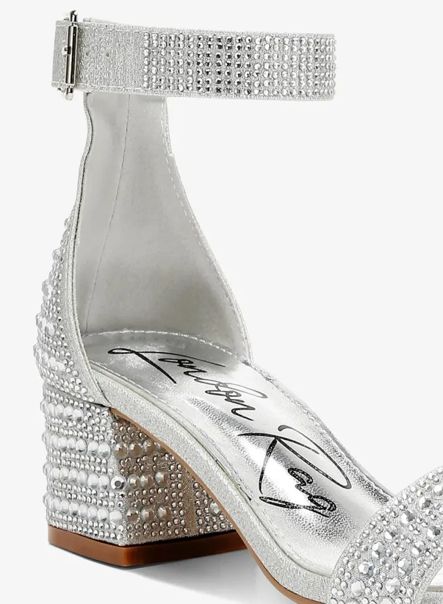 Rhinestone Embellished Block Sandals, White – image 5