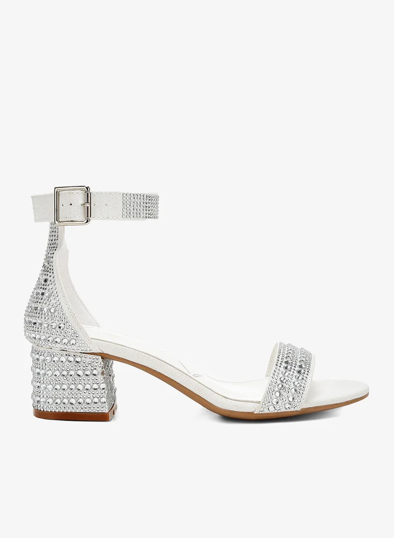 Rhinestone Embellished Block Sandals, White