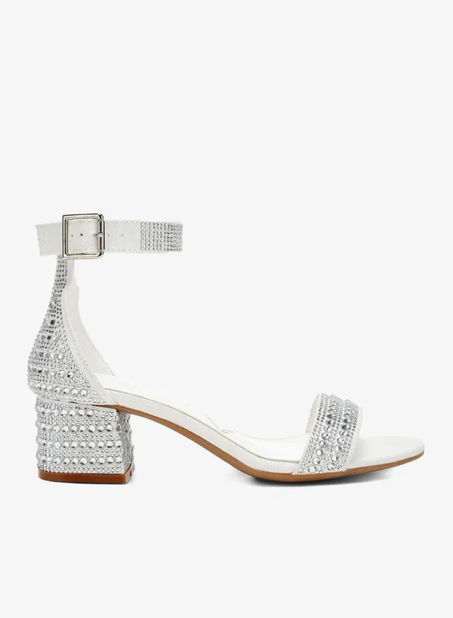 Rhinestone Embellished Block Sandals, White