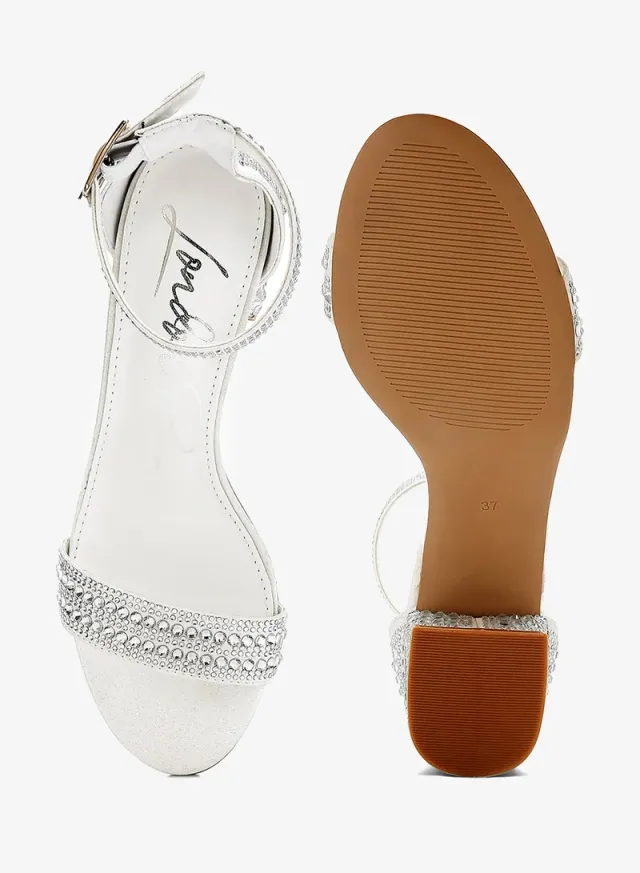 Rhinestone Embellished Block Sandals, White – image 4