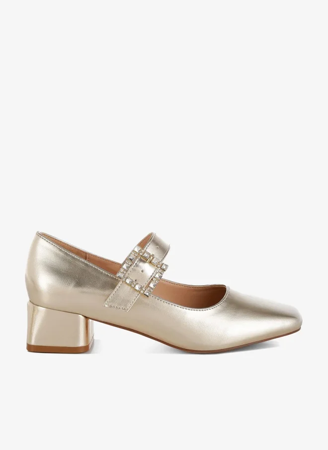 Metallic Diamante Brooch Mary Jane Pumps Gold