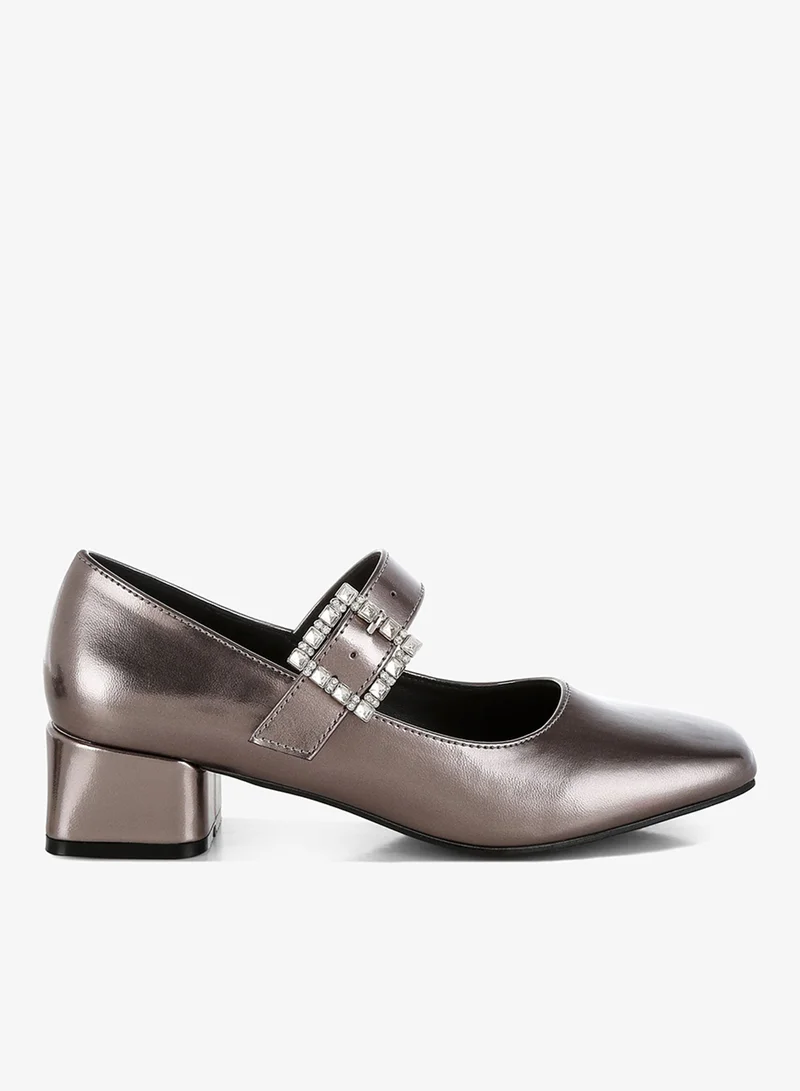 Metallic Diamante Brooch Mary Jane Pumps Gold