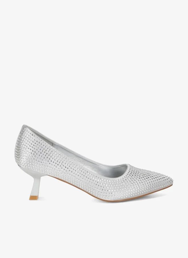 Rhinestone Kitten Heel Pumps, Silver