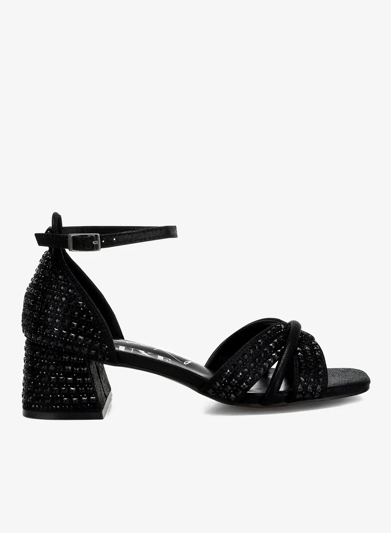 Rhinestone Low Block Heel Sandals Black