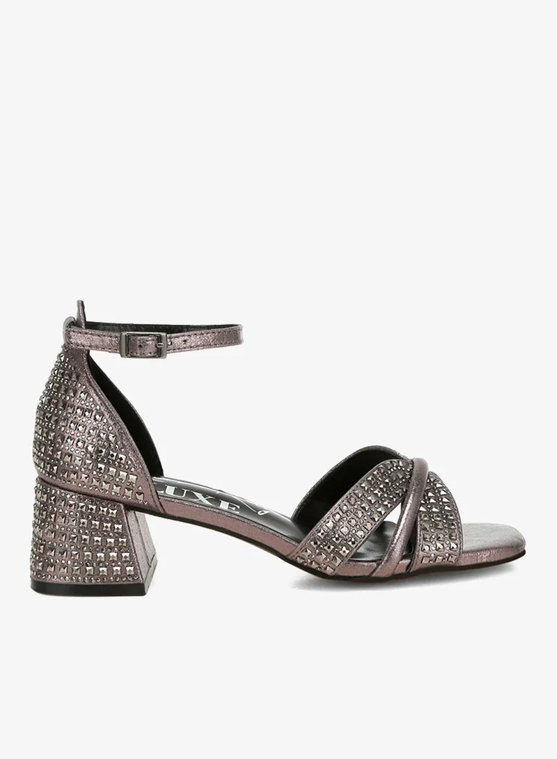 Rhinestone Low Block Heel Sandals Black