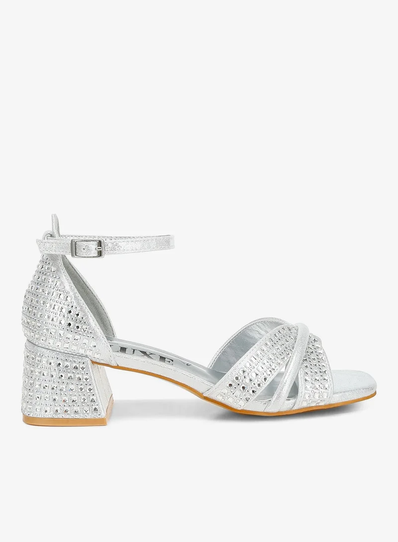 Rhinestone Low Block Heel Sandals Black