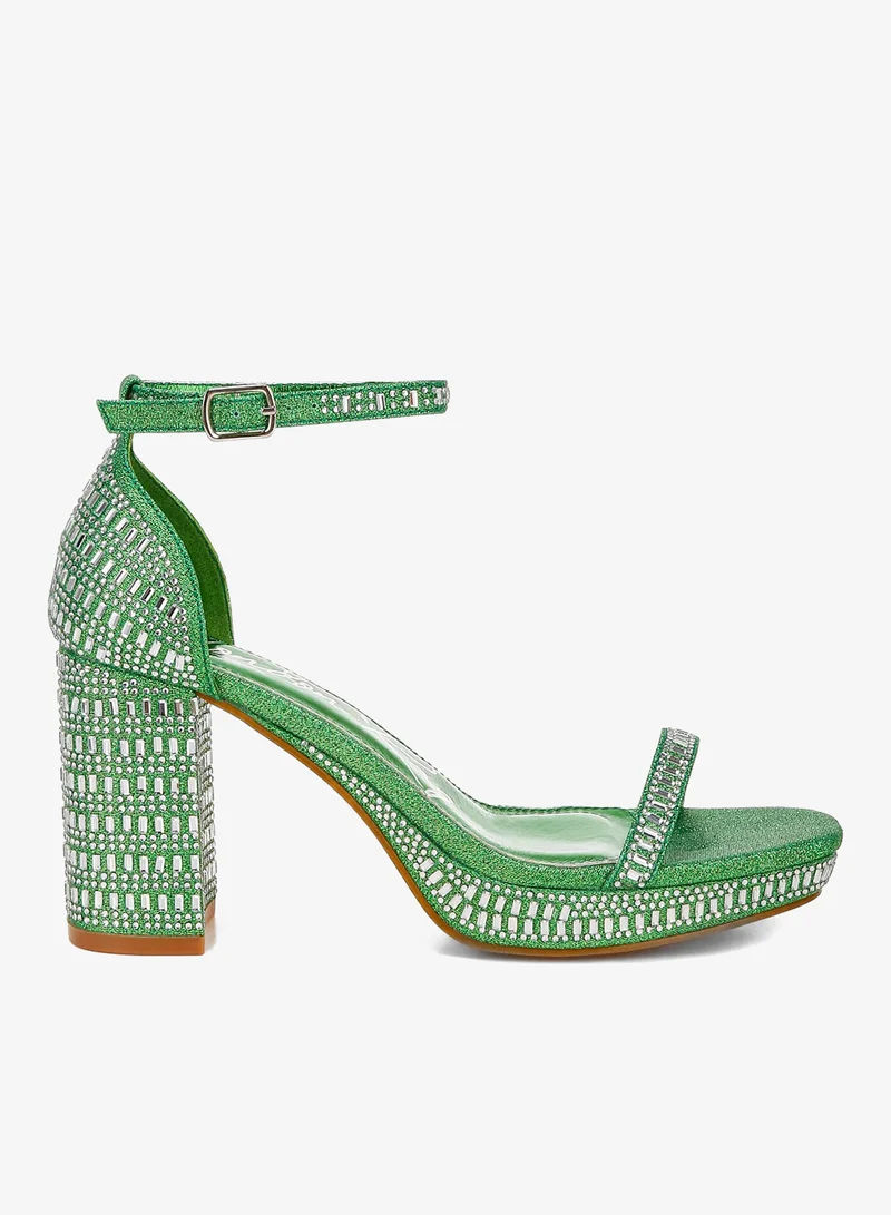 Rhinestone Embellished Block Sandals Beige Gold