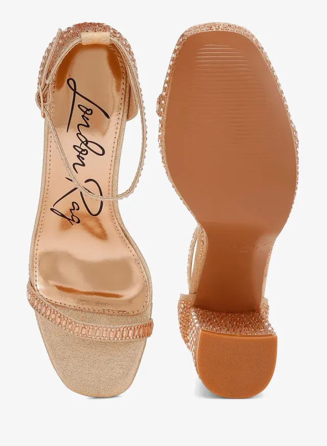 Rhinestone Embellished Block Sandals Beige Gold – image 4