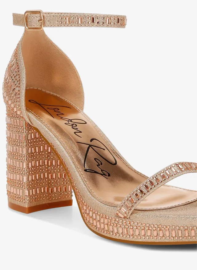 Rhinestone Embellished Block Sandals Beige Gold – image 5