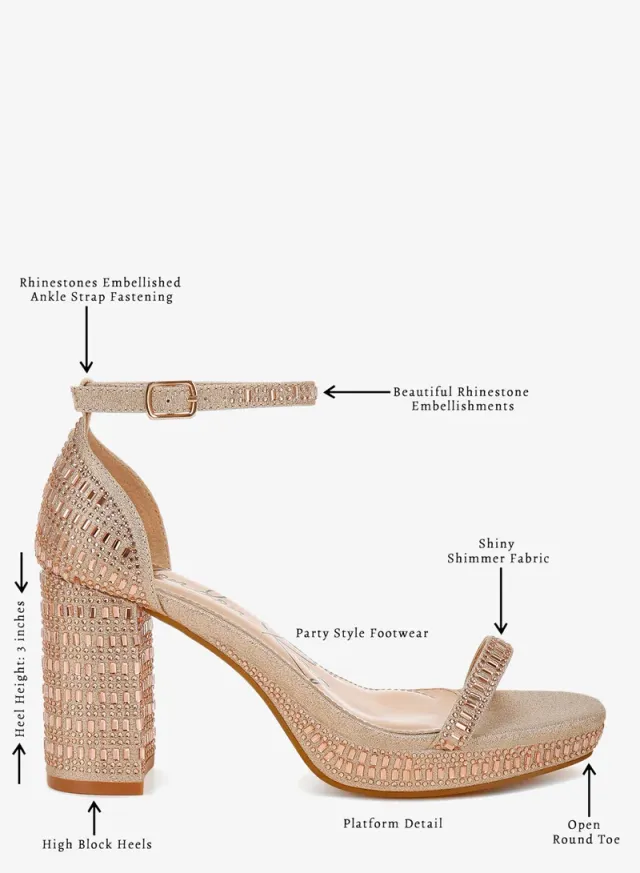 Rhinestone Embellished Block Sandals Beige Gold – image 6