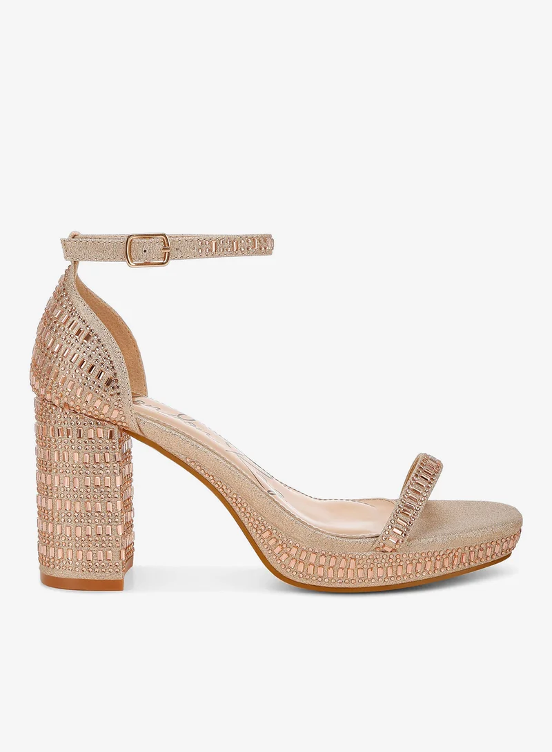 Rhinestone Embellished Block Sandals Beige Gold