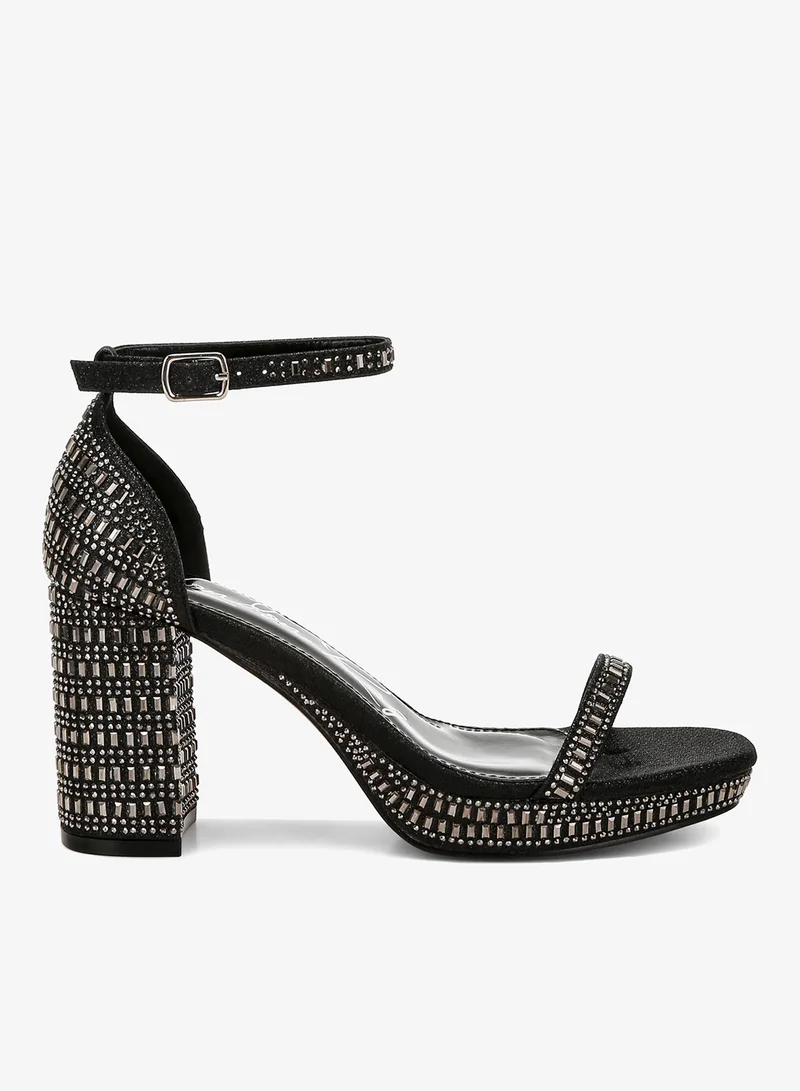 Rhinestone Embellished Block Sandals Beige Gold