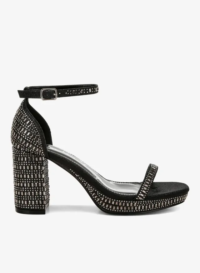 Rhinestone Embellished Block Sandals Beige Gold