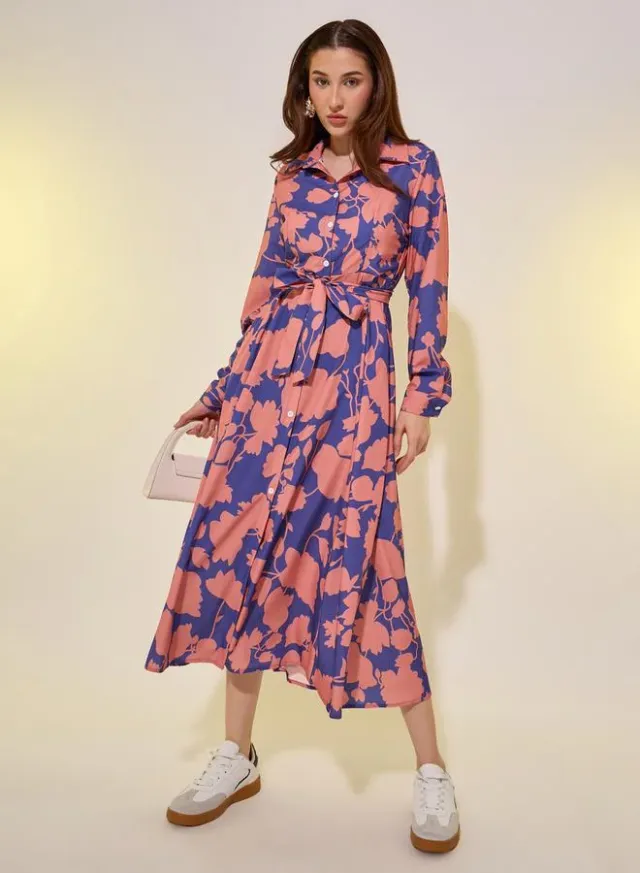 Floral Print Midi Shirt Dress, Blue