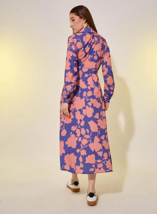 Floral Print Midi Shirt Dress, Blue – image 5