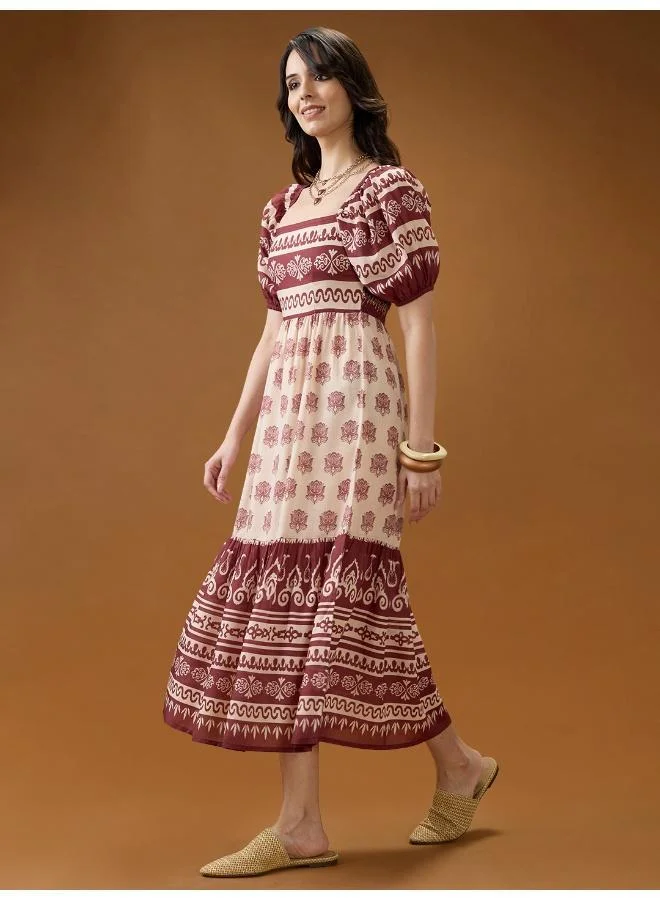 Globus Women's Ethnic Print Square Neck Puff Sleeve Fit & Flare Midi Dress Blue