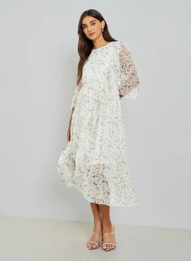 Puff Sleeve A-Line Midi Dress Brown – image 3